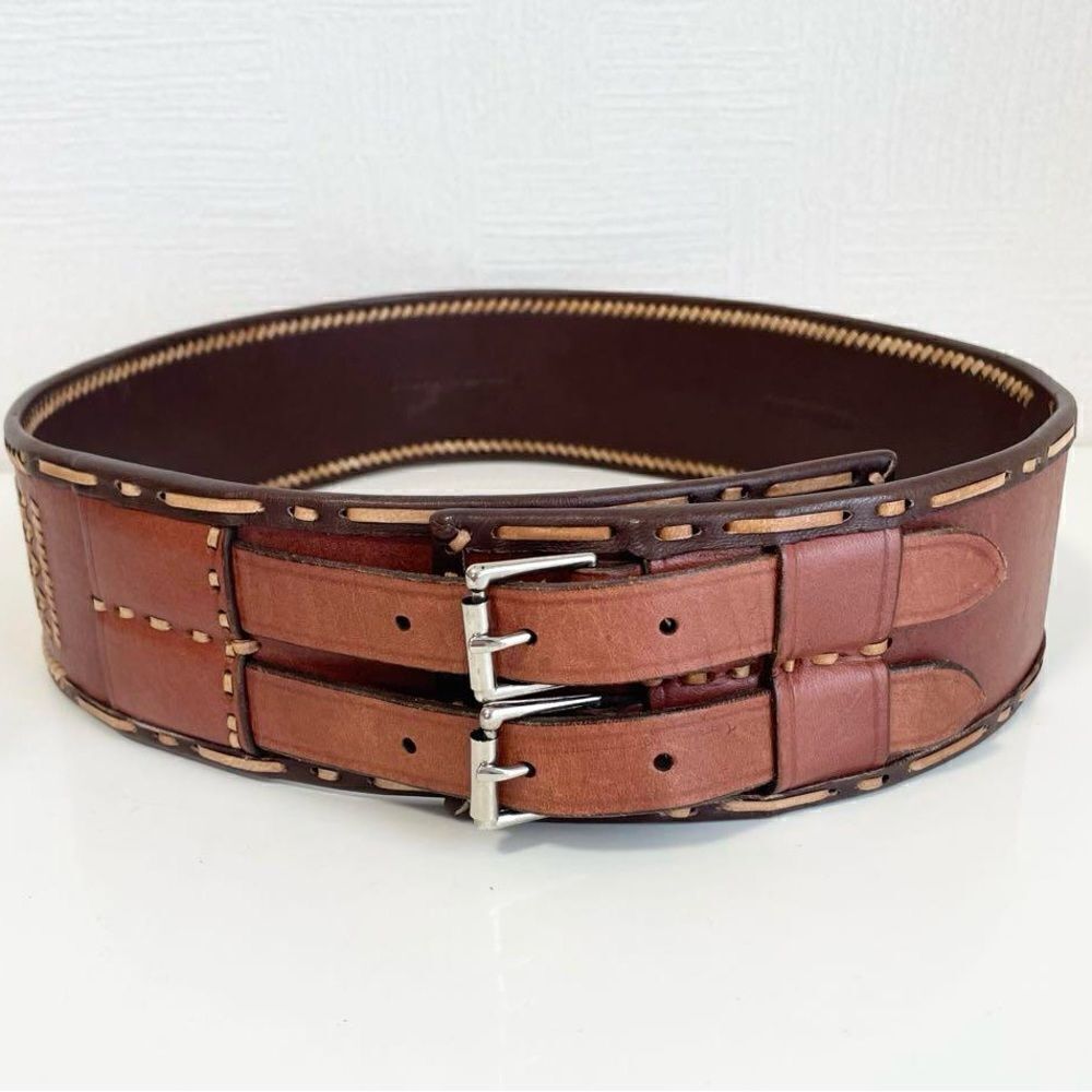 *Ralph Lauren Collection Brown Multi Double Buckle Whipstitched Western Belt - Picture 4 of 16